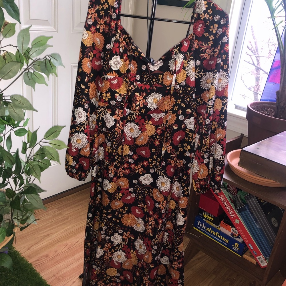 70s Vintage Inspired Floral Black and Orange Witchy Dress